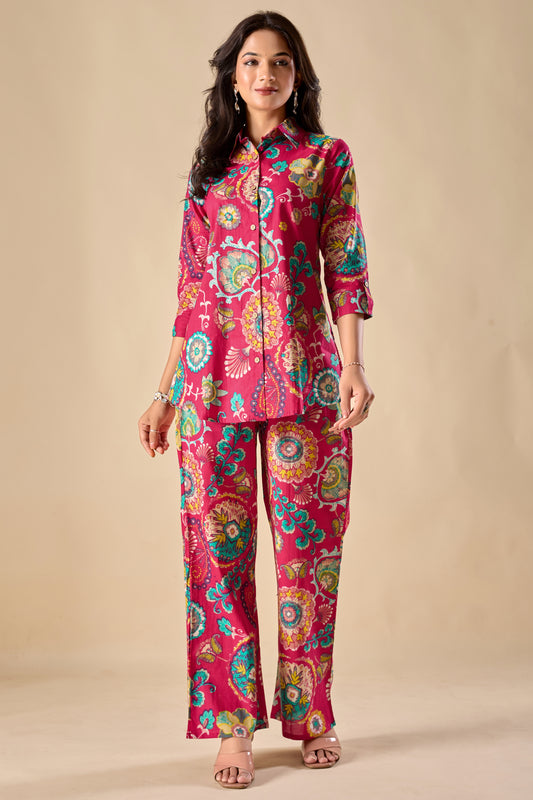 Pink Cotton Floral Print A-Line Co-Ord Set