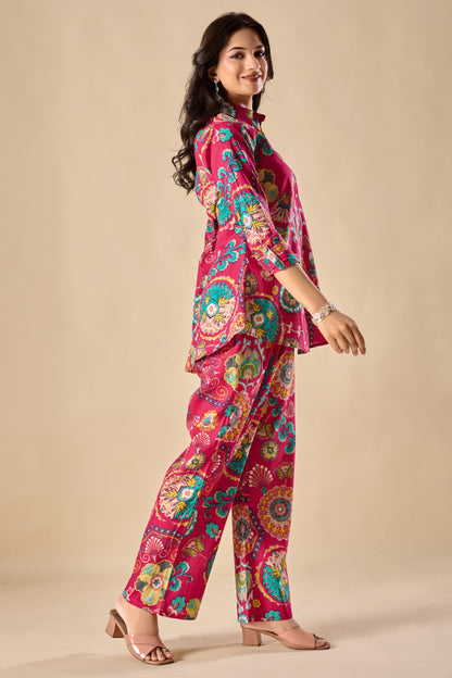 Pink Cotton Floral Print A-Line Co-Ord Set