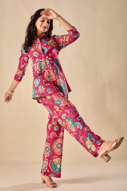 Pink Cotton Floral Print A-Line Co-Ord Set