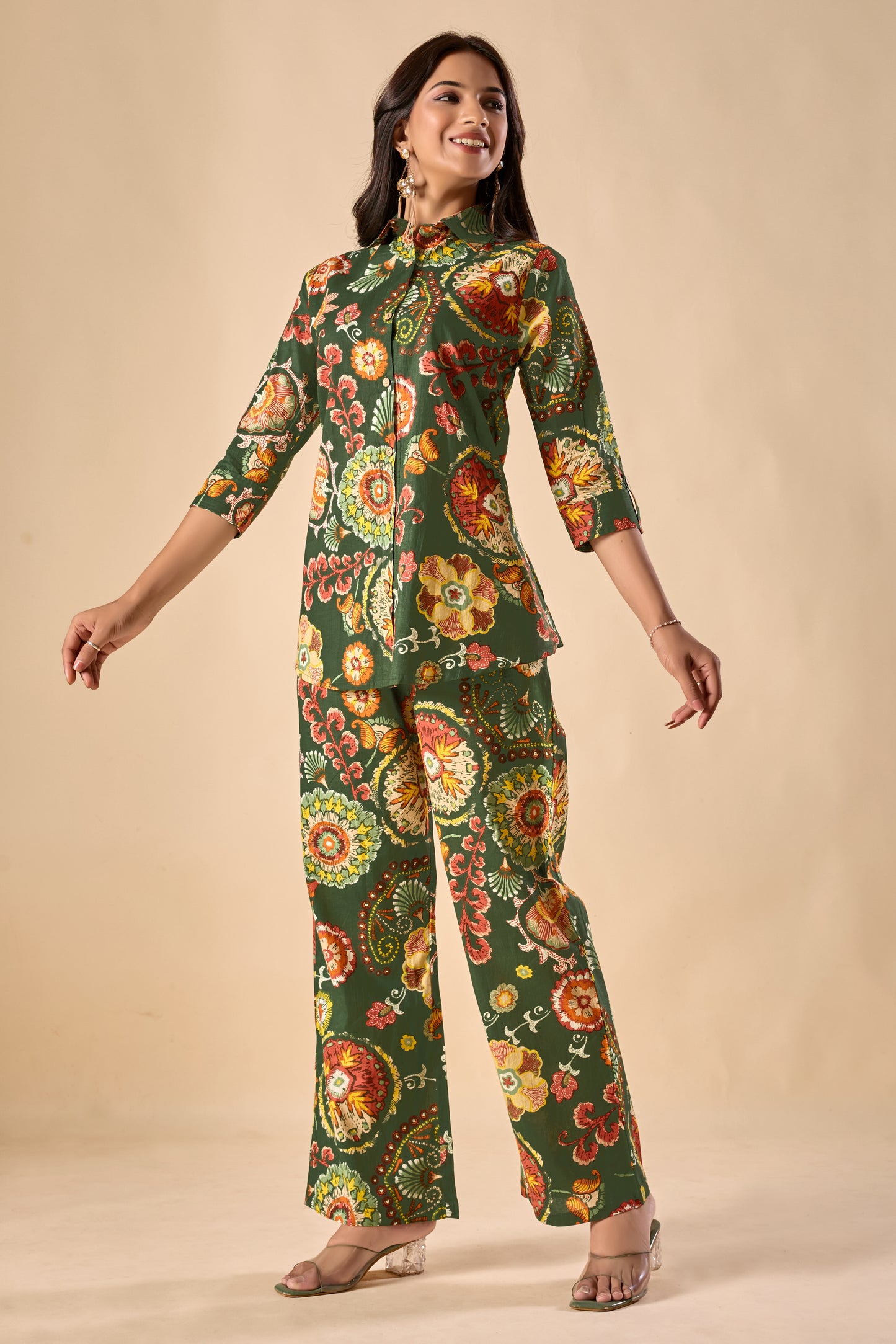 Green Cotton Floral Print A-Line Co-Ord Set