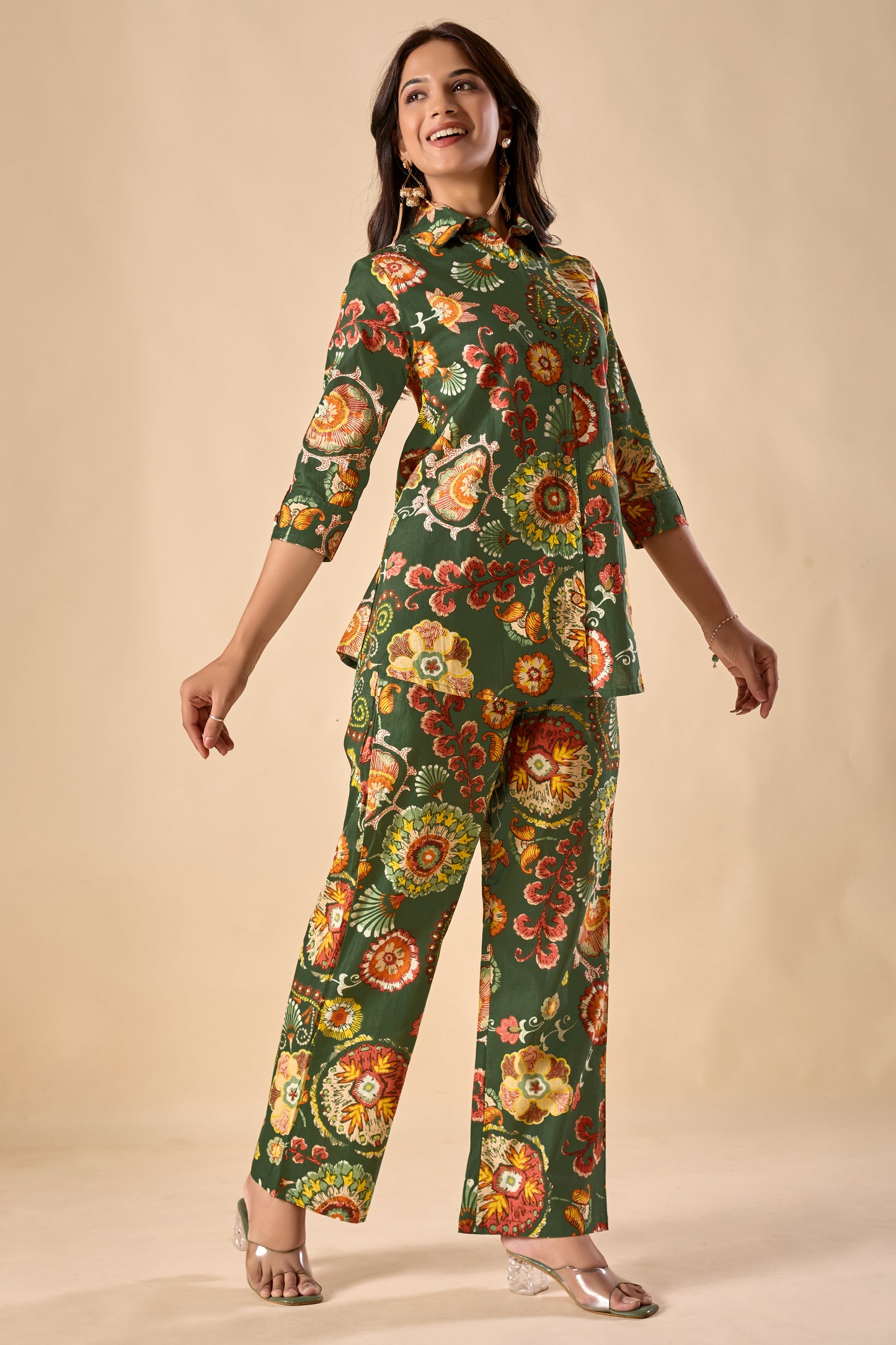 Green Cotton Floral Print A-Line Co-Ord Set