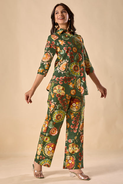 Green Cotton Floral Print A-Line Co-Ord Set