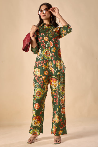 Green Cotton Floral Print A-Line Co-Ord Set
