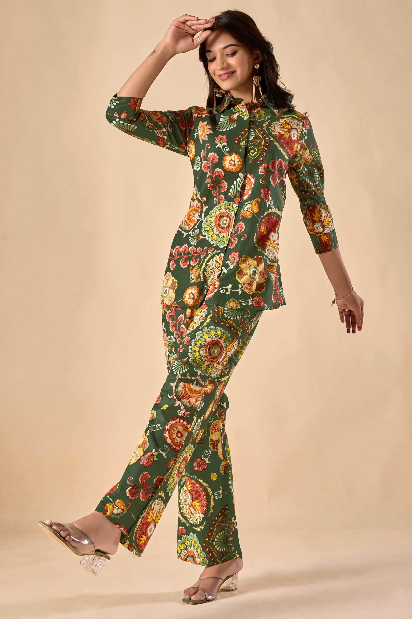 Green Cotton Floral Print A-Line Co-Ord Set