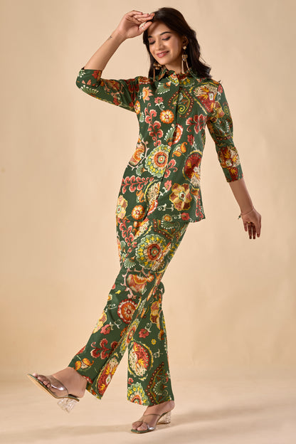 Green Cotton Floral Print A-Line Co-Ord Set