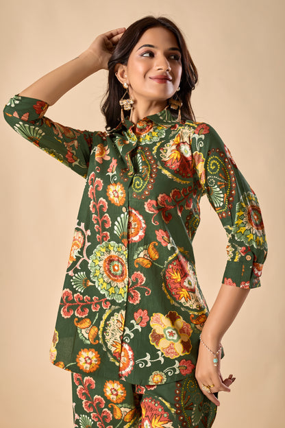 Green Cotton Floral Print A-Line Co-Ord Set