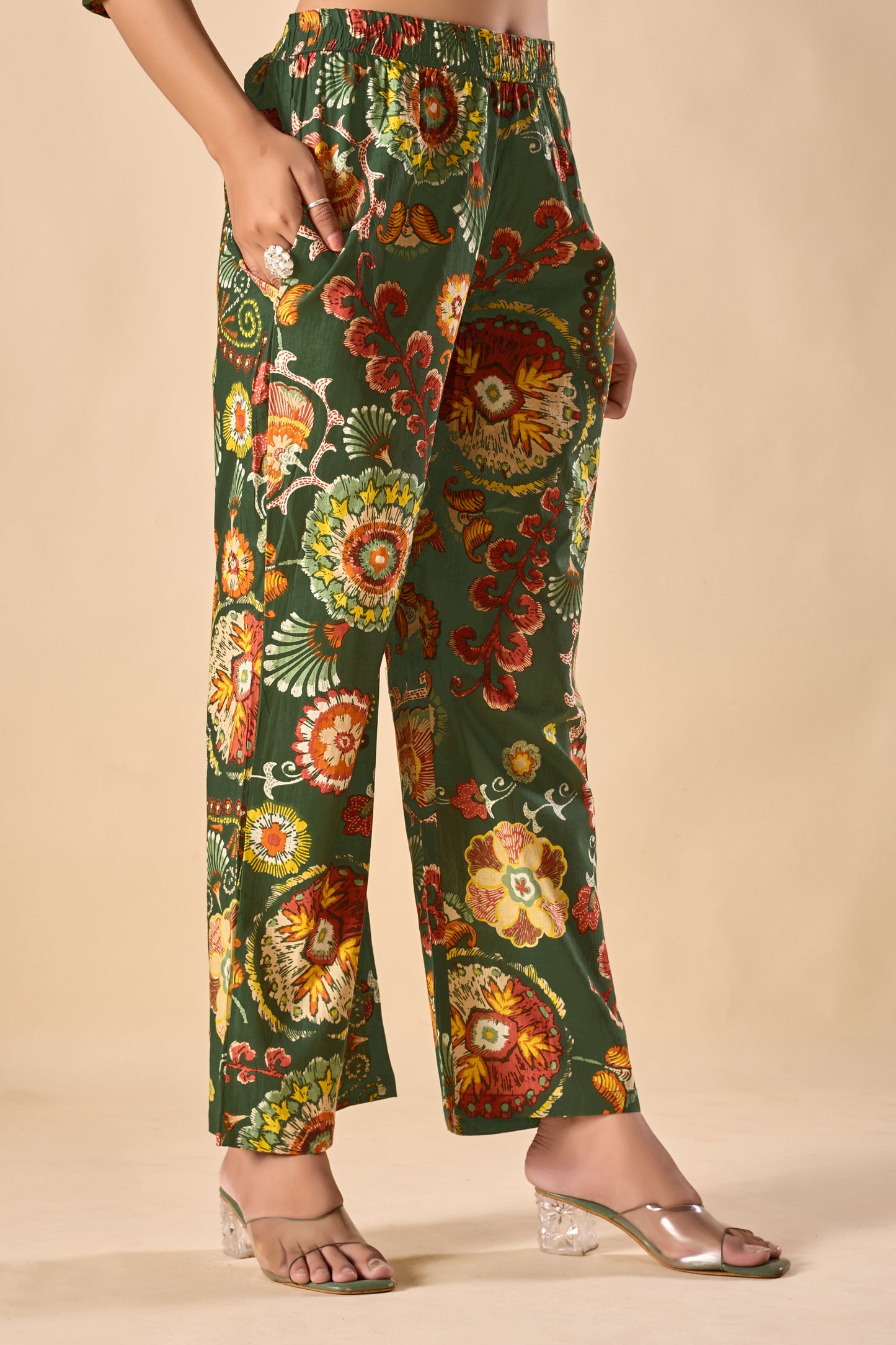 Green Cotton Floral Print A-Line Co-Ord Set