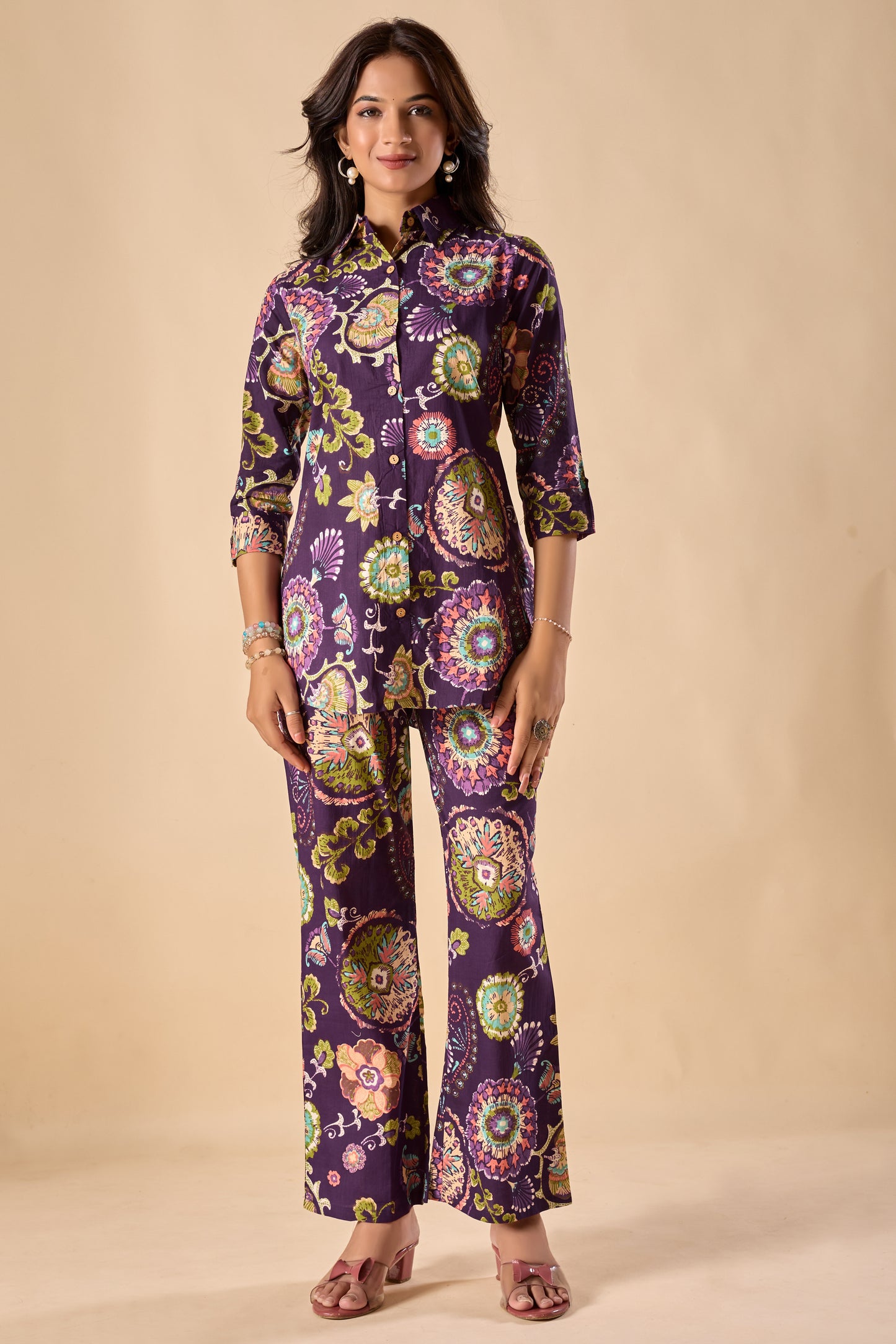 Violet Cotton Floral Print A-Line Co-Ord Set