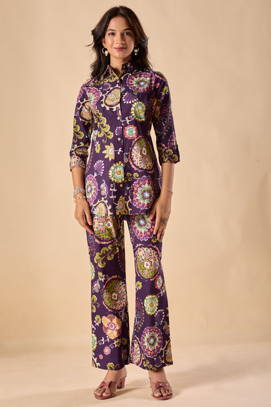 Violet Cotton Floral Print A-Line Co-Ord Set