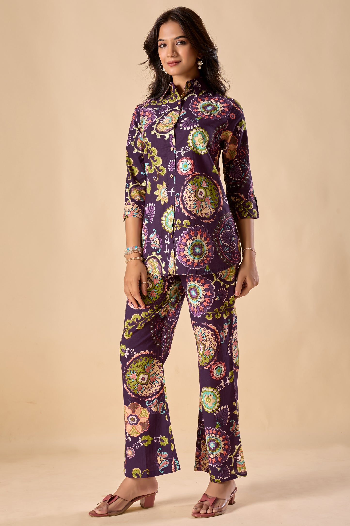Violet Cotton Floral Print A-Line Co-Ord Set
