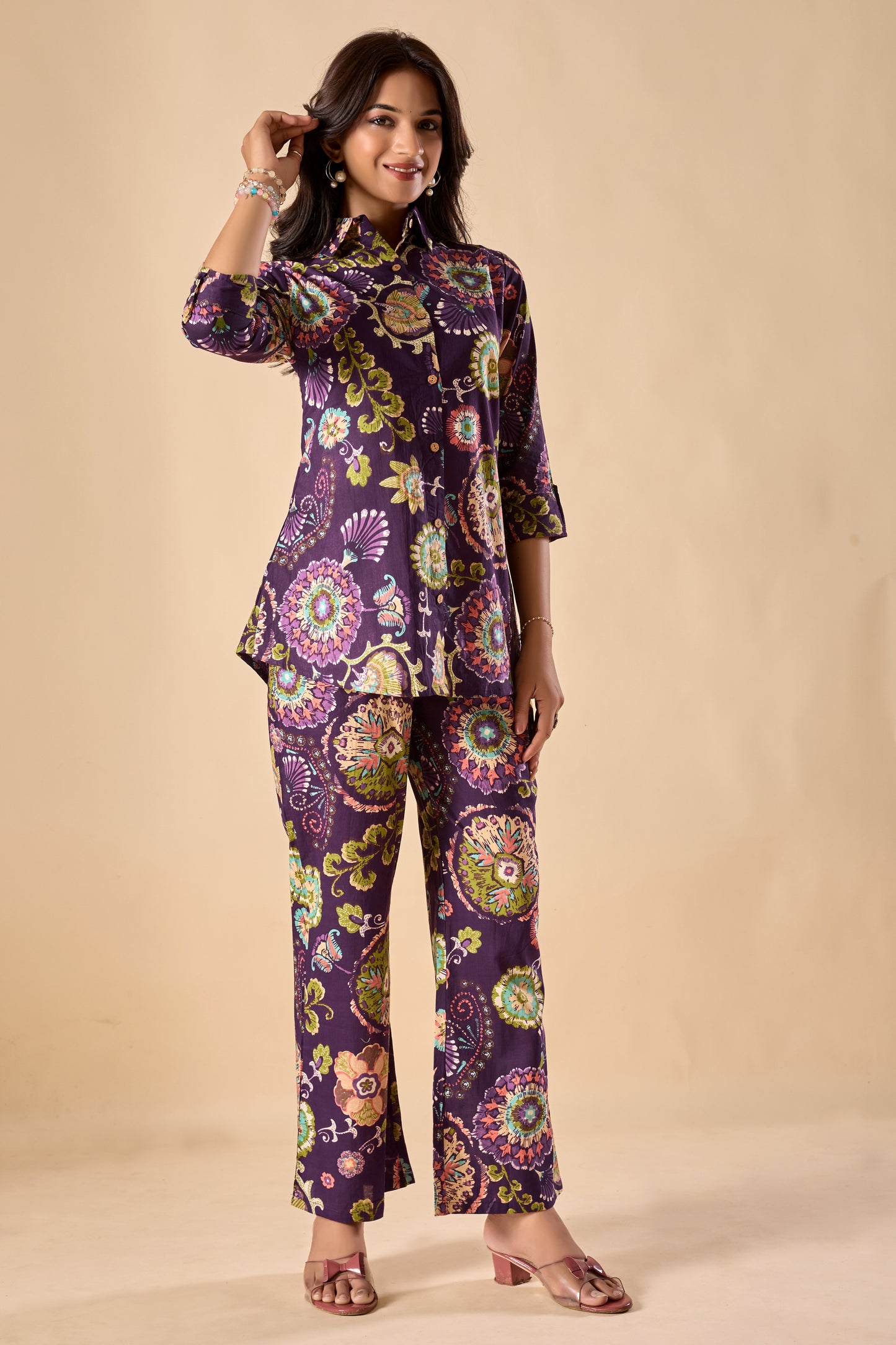 Violet Cotton Floral Print A-Line Co-Ord Set