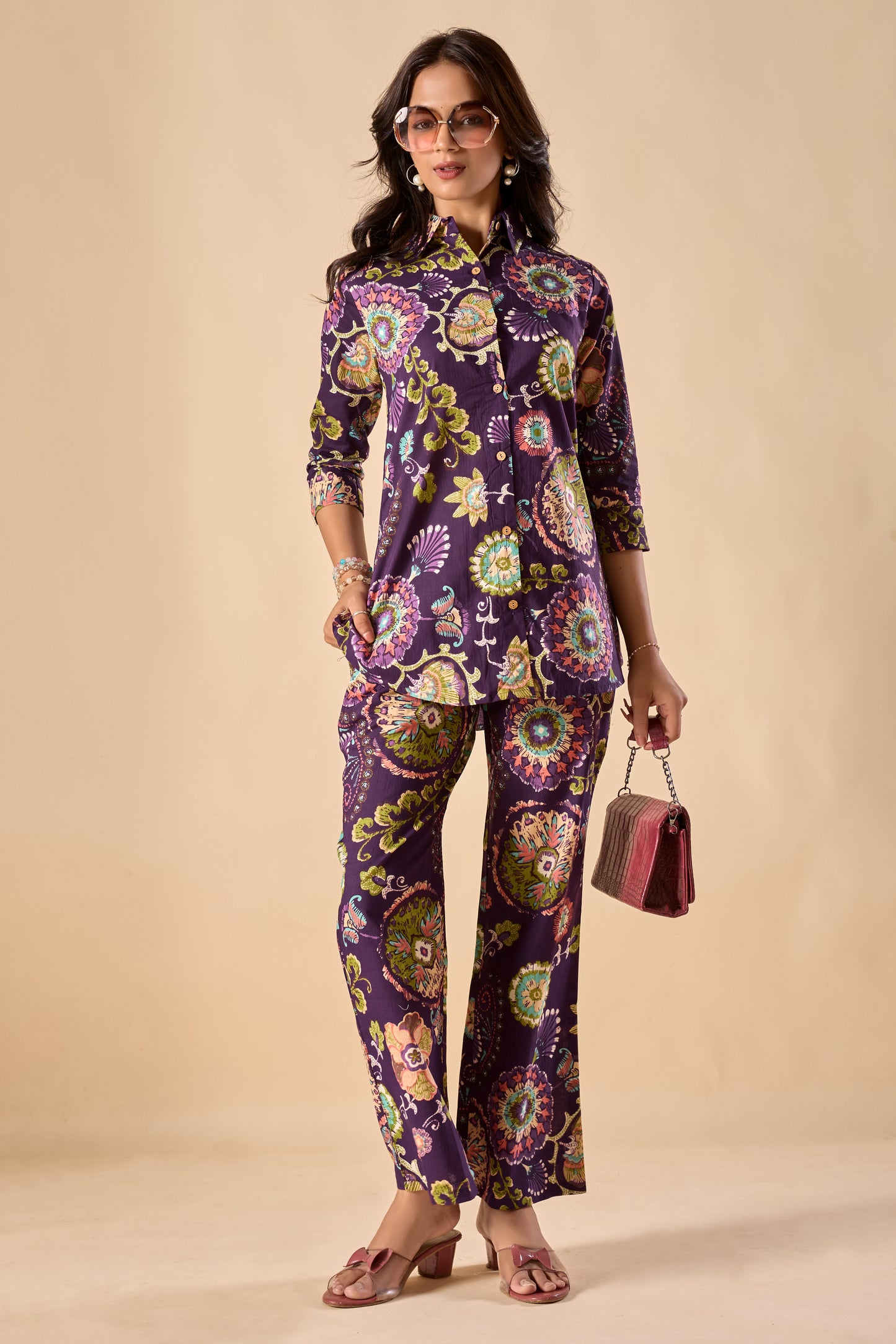 Violet Cotton Floral Print A-Line Co-Ord Set