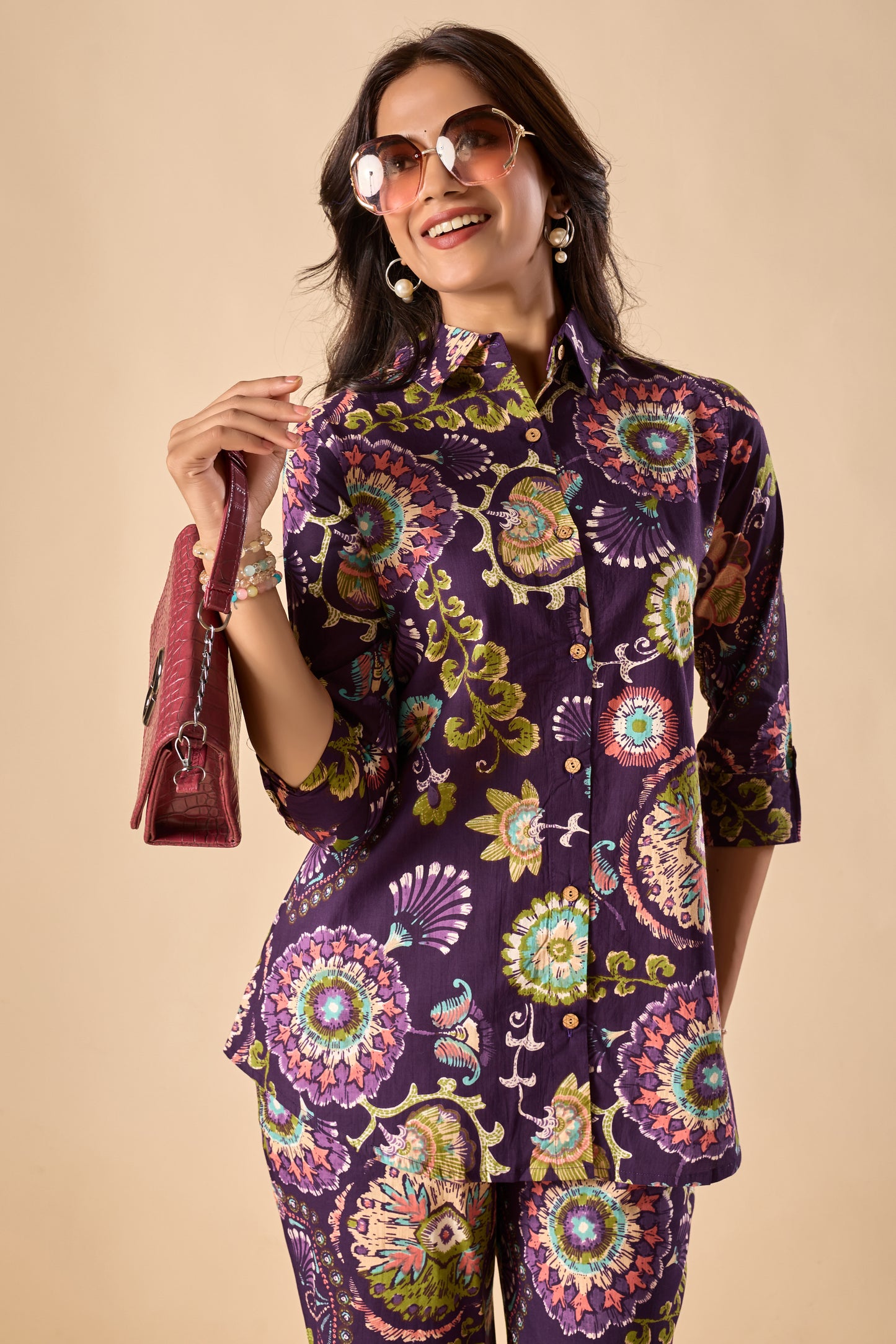 Violet Cotton Floral Print A-Line Co-Ord Set