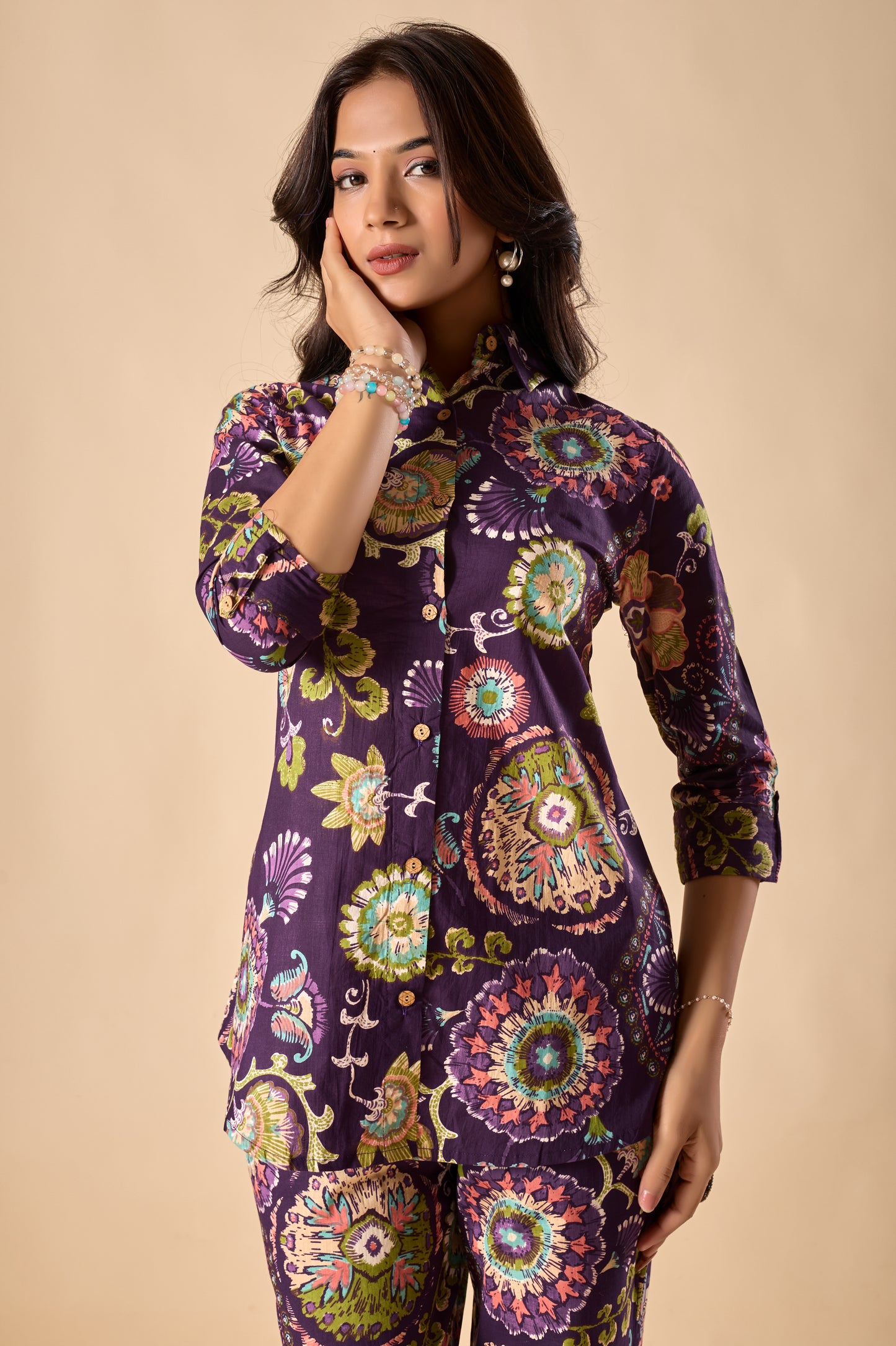 Violet Cotton Floral Print A-Line Co-Ord Set