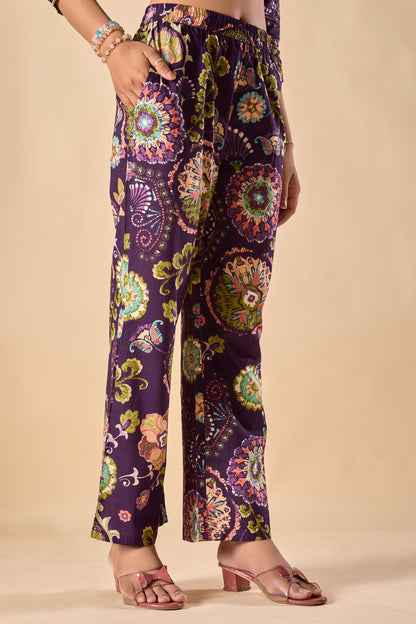 Violet Cotton Floral Print A-Line Co-Ord Set