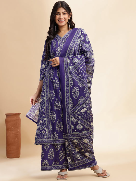 Blue Floral Print A-Line Cotton Stitched Kurta Set