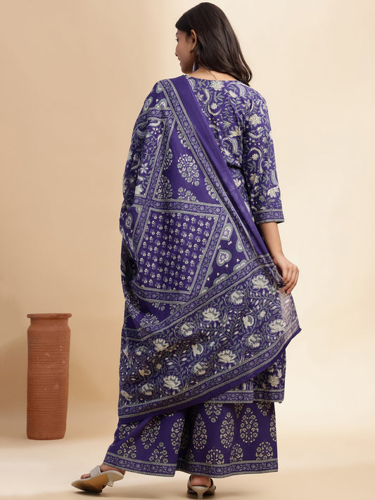 Blue Floral Print A-Line Cotton Stitched Kurta Set