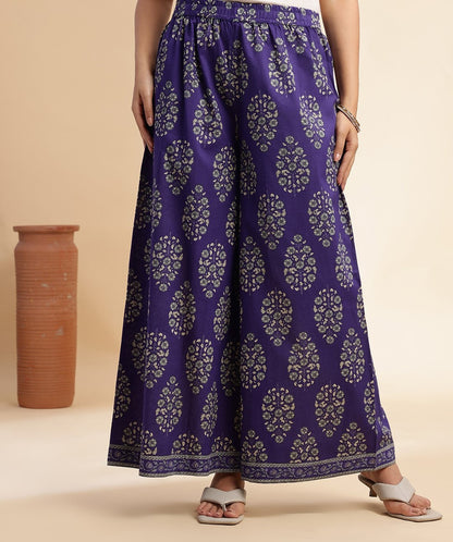 Blue Floral Print A-Line Cotton Stitched Kurta Set