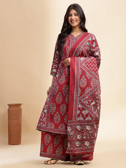 Red Floral Print A-Line Cotton Stitched Kurta Set