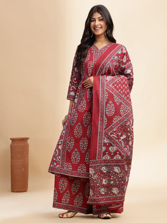 Red Floral Print A-Line Cotton Stitched Kurta Set