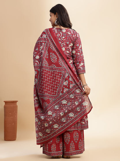Red Floral Print A-Line Cotton Stitched Kurta Set