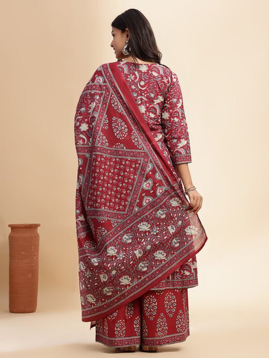 Red Floral Print A-Line Cotton Stitched Kurta Set