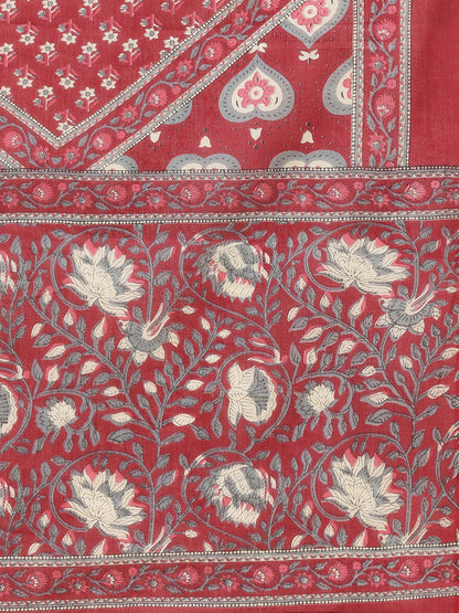 Red Floral Print A-Line Cotton Stitched Kurta Set