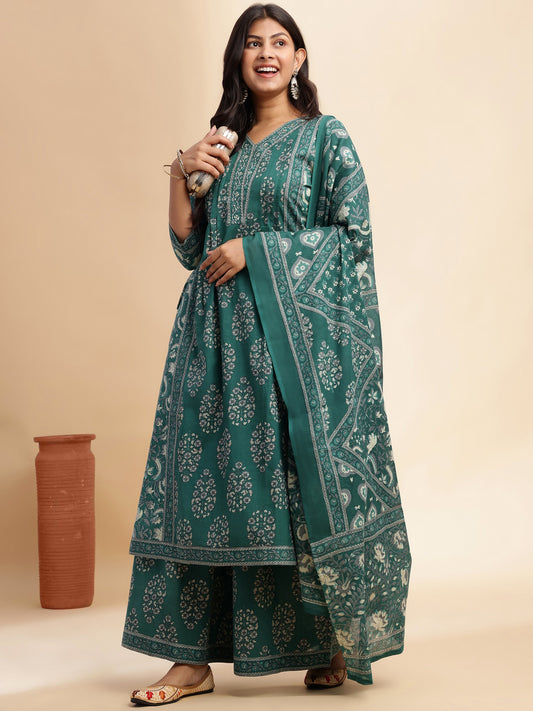 Teal Floral Print A-Line Cotton Stitched Kurta Set