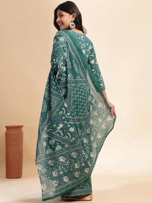 Teal Floral Print A-Line Cotton Stitched Kurta Set