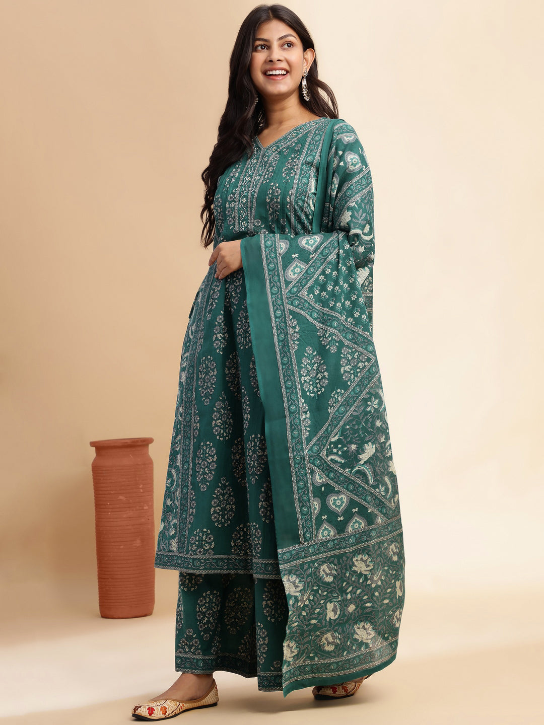 Teal Floral Print A-Line Cotton Stitched Kurta Set