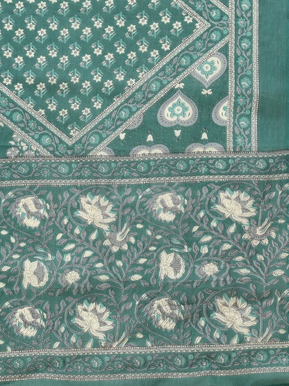 Teal Floral Print A-Line Cotton Stitched Kurta Set
