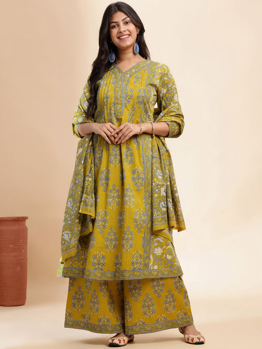 Mehendi Green Floral Print A-Line Cotton Stitched Kurta Set