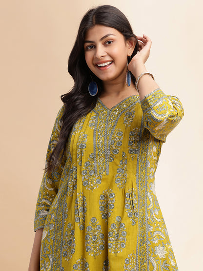 Mehendi Green Floral Print A-Line Cotton Stitched Kurta Set
