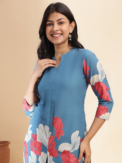 Aqua Blue Cotton Floral Printed Straight Co-Ord Set