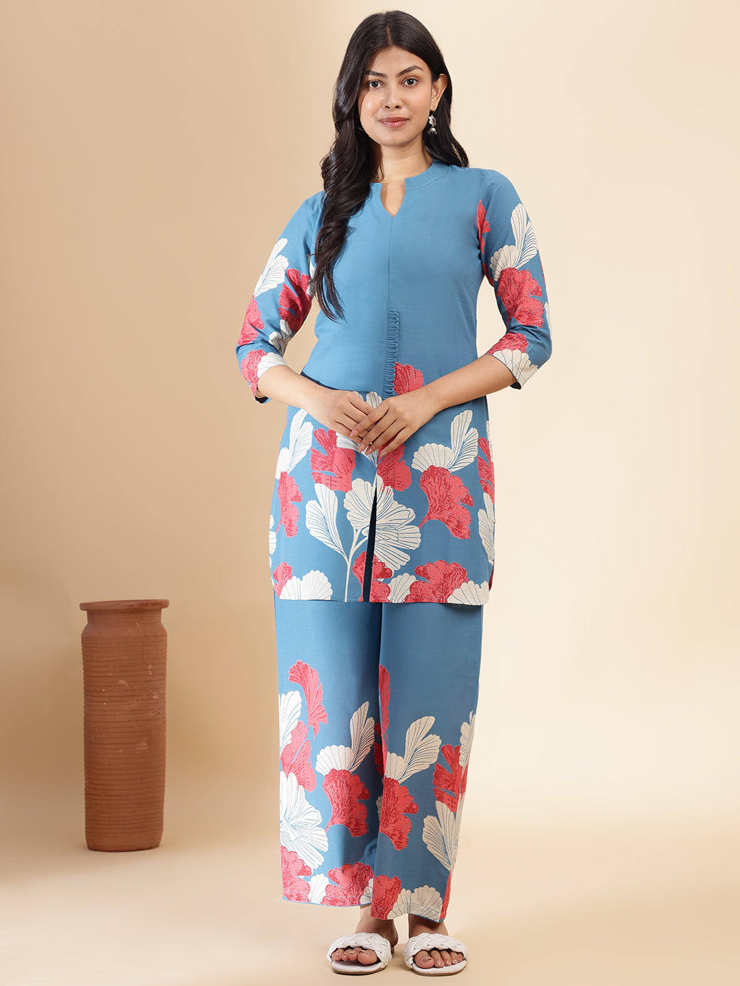 Aqua Blue Cotton Floral Printed Straight Co-Ord Set