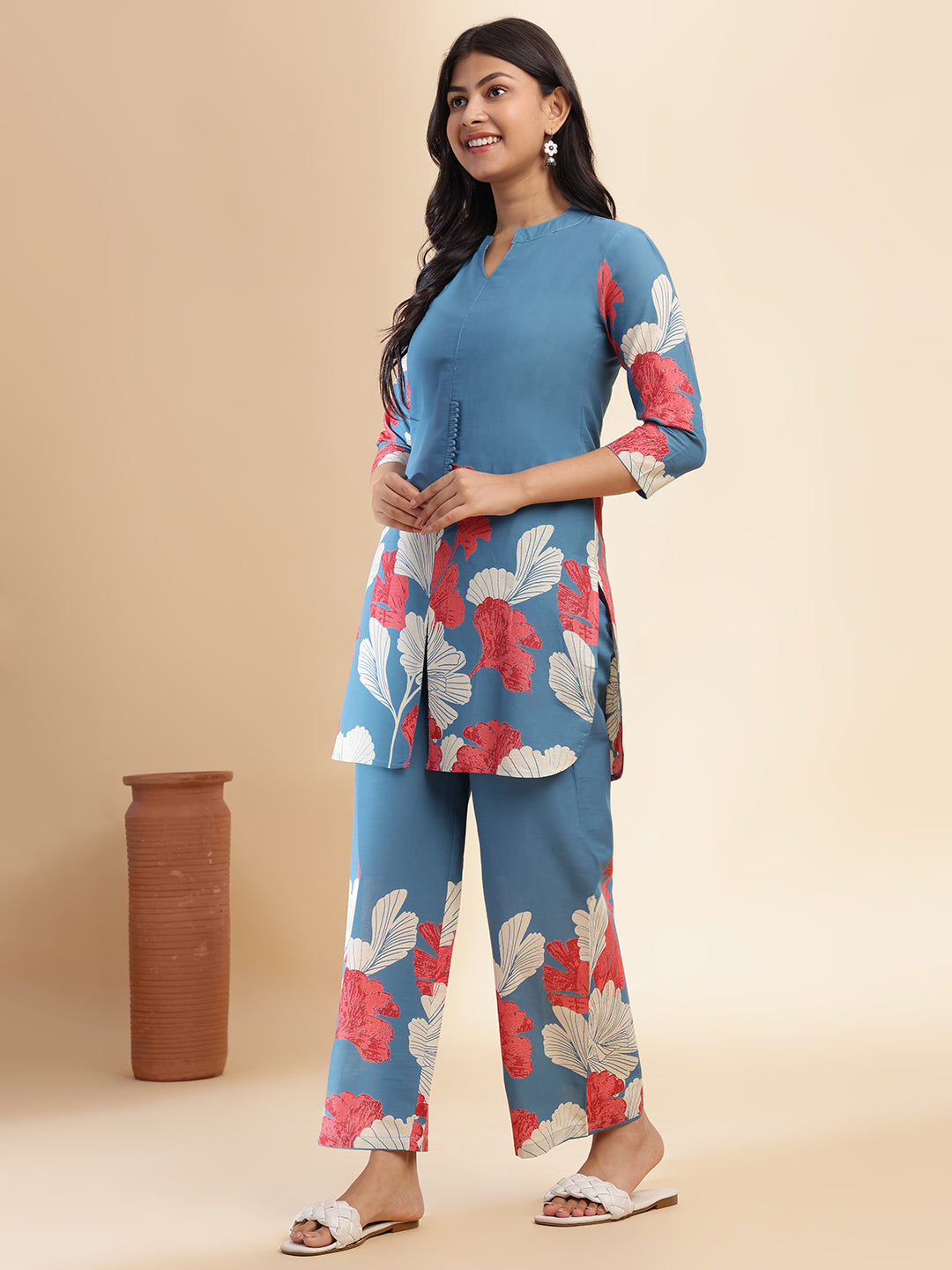 Aqua Blue Cotton Floral Printed Straight Co-Ord Set