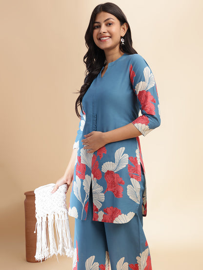 Aqua Blue Cotton Floral Printed Straight Co-Ord Set
