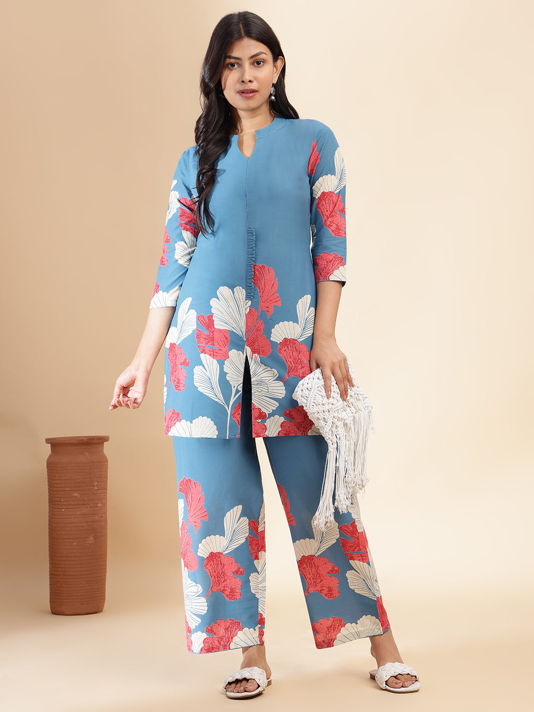 Aqua Blue Cotton Floral Printed Straight Co-Ord Set