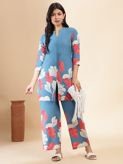 Aqua Blue Cotton Floral Printed Straight Co-Ord Set