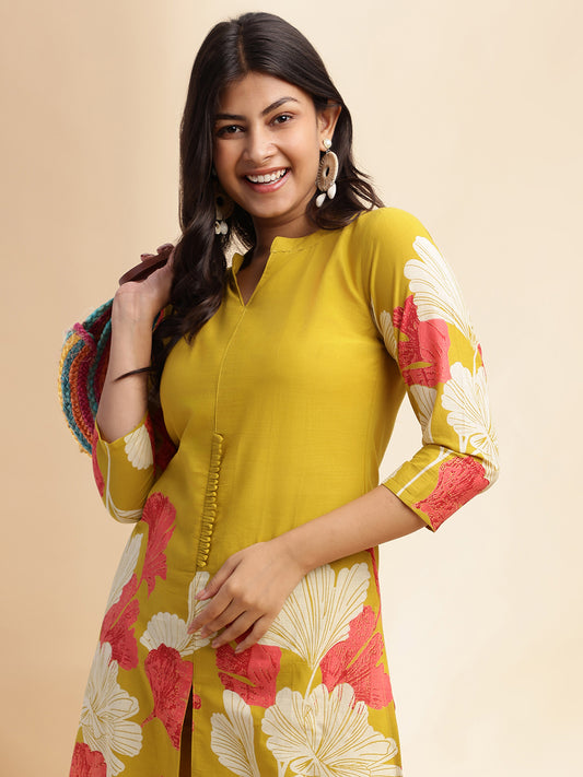 Mehendi Green Cotton Floral Printed Straight Co-Ord Set