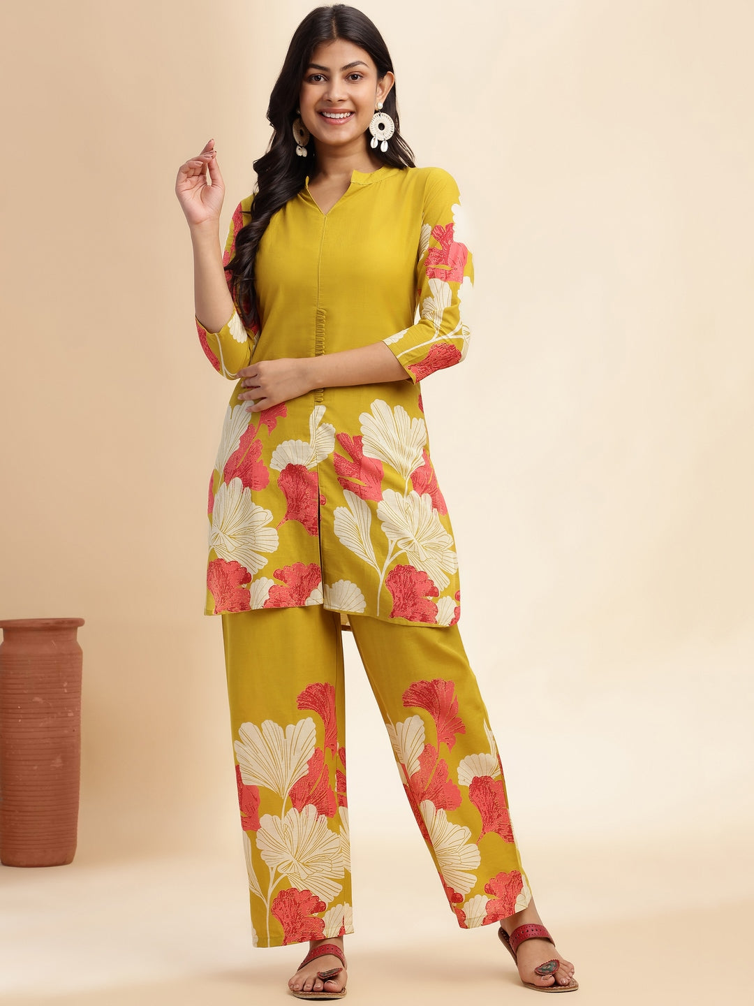 Mehendi Green Cotton Floral Printed Straight Co-Ord Set