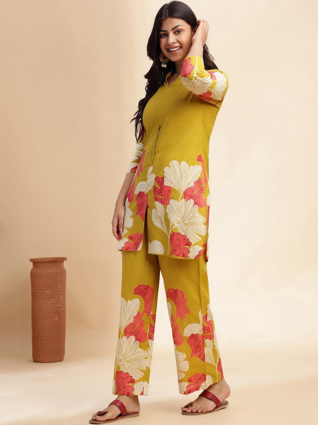 Mehendi Green Cotton Floral Printed Straight Co-Ord Set