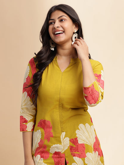 Mehendi Green Cotton Floral Printed Straight Co-Ord Set