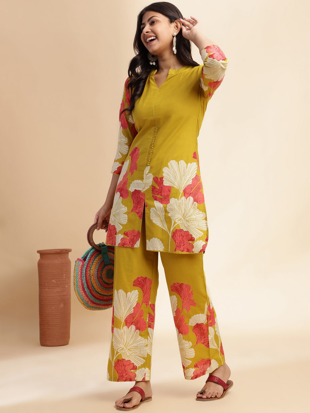 Mehendi Green Cotton Floral Printed Straight Co-Ord Set