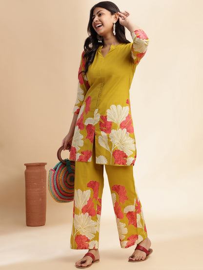 Mehendi Green Cotton Floral Printed Straight Co-Ord Set