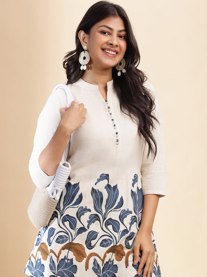 Blue Cotton flex Floral Printed A-Line Co-Ord Set