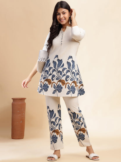 Blue Cotton flex Floral Printed A-Line Co-Ord Set