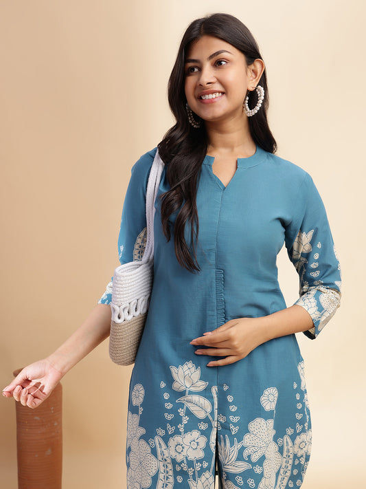 Aqua Blue Cotton Floral Printed Straight Co-Ord Set