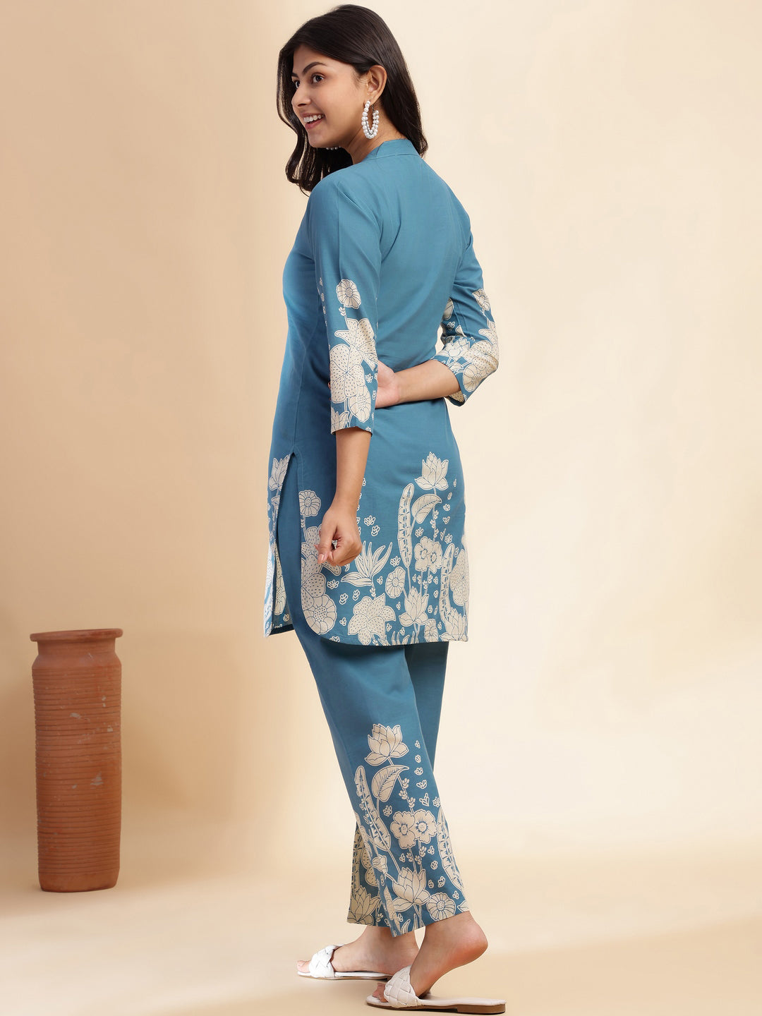 Aqua Blue Cotton Floral Printed Straight Co-Ord Set