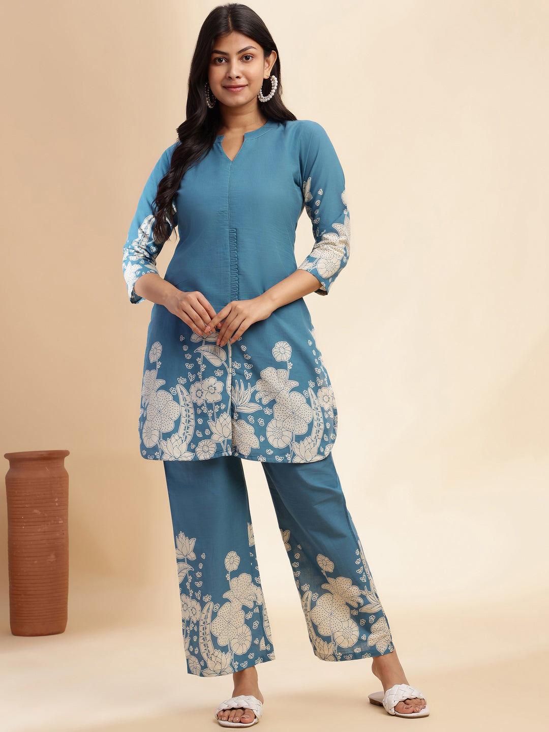 Aqua Blue Cotton Floral Printed Straight Co-Ord Set